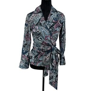 Ann Taylor Womens Paisley Wrap Top Tie Waist Long Sleeve Blouse Cotton 4 Career